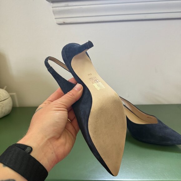 EUC Pelle Moda Navy Blue Suede Sling Back Leather Low Heels, Size 6 - Picture 3 of 5
